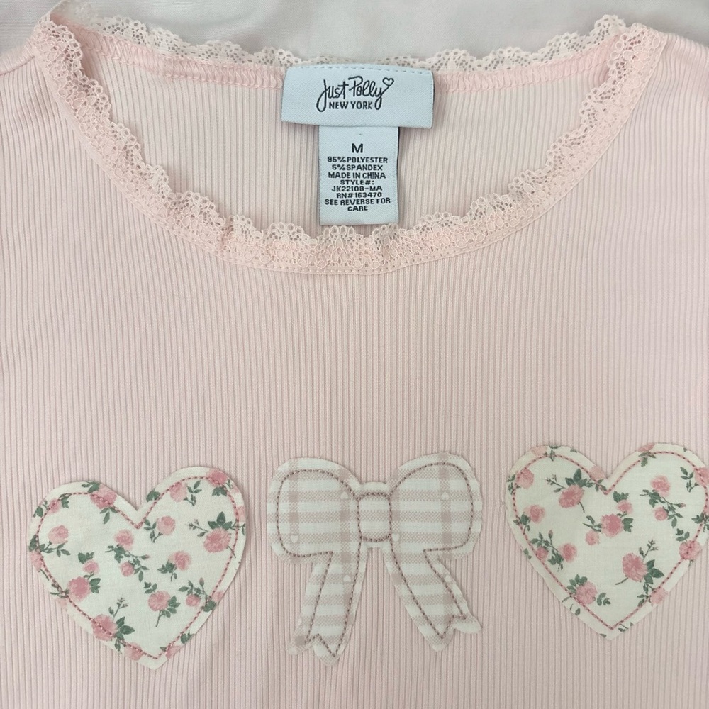 Just Polly Pink Lace Top with Floral Heart and Bow🎀💗